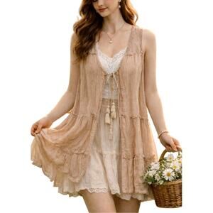 Womens Sheer Lace Tassel Tie Open Cardigan Top Large Beige Fairy Boho Indie Folk